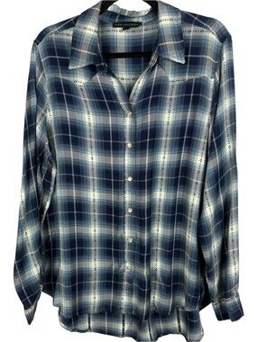 Jane and Delancey Blue Plaid Long Sleeve Snap Button-Up Large Tunic Blouse